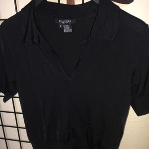 Black knit open neck polo by Etcetera